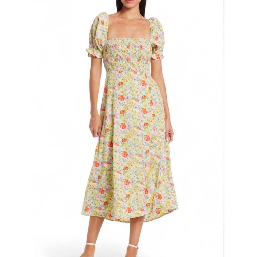 ASTR The Label Floral Midi Dress S Smocked Puff Sleeve Square Neck Cottagecore